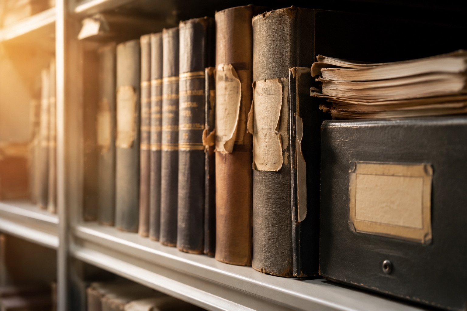 Library shelf with bound journal runs and an archive box
