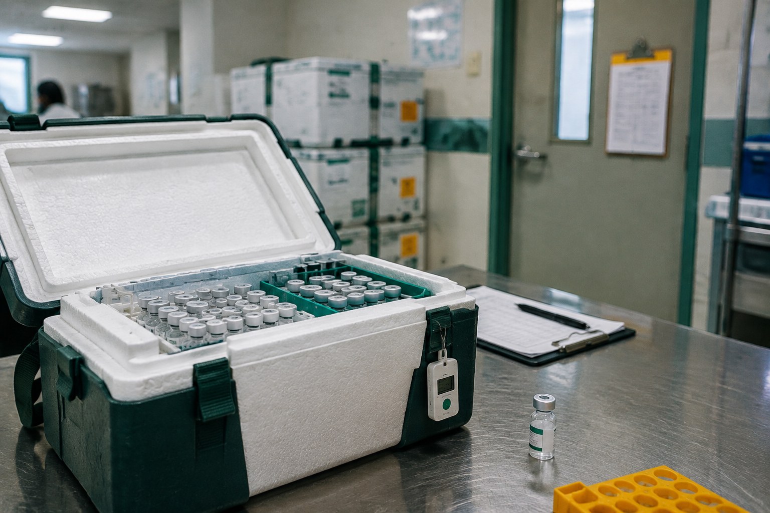 Vaccine cold-chain staging room: open insulated carrier with single-dose vials and a data logger on a worn stainless table, clinic corridor behind