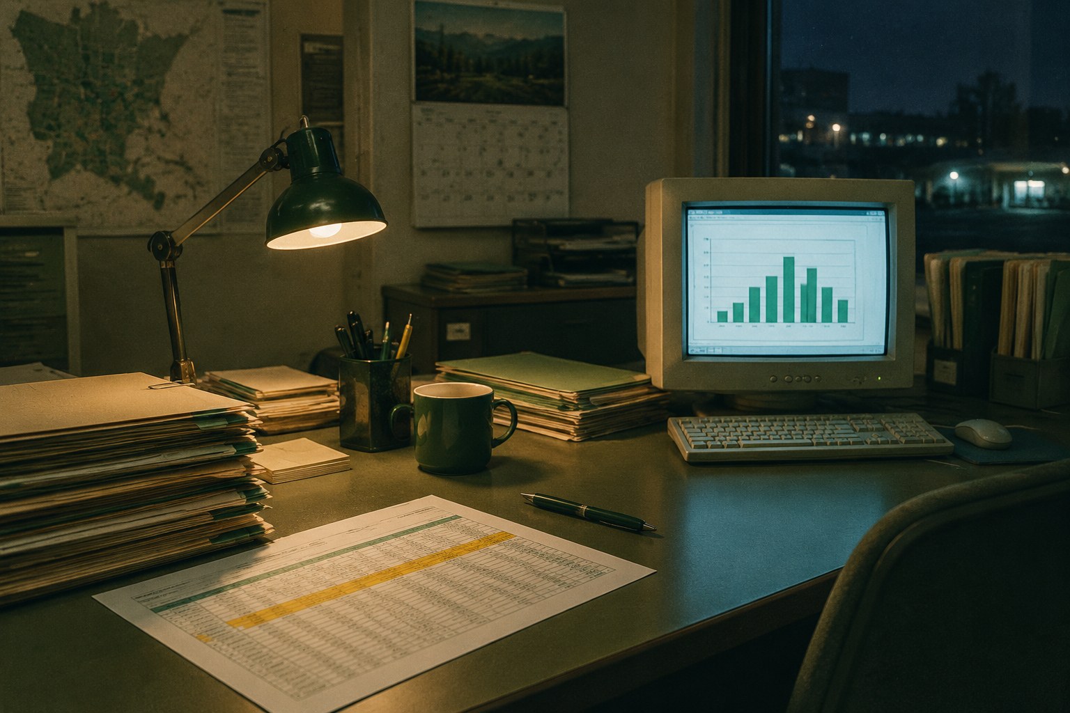 Public-health surveillance room at night: wide desk with stacked report folders, a highlighted spreadsheet printout, CRT monitor with a bar chart, one desk lamp