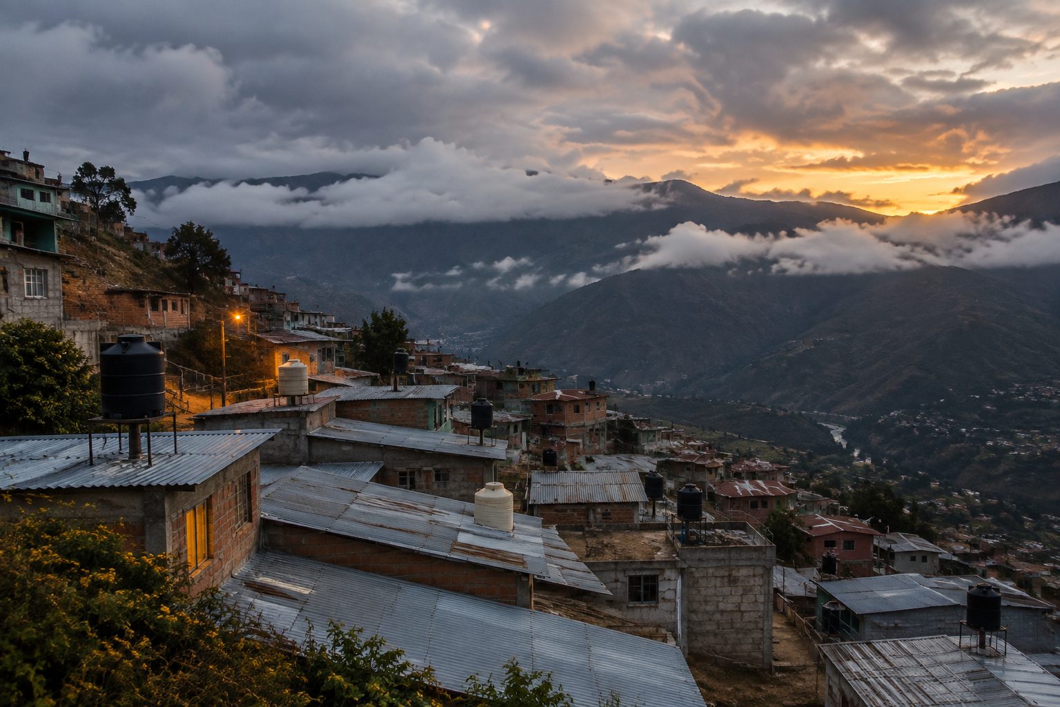 Highland Andean neighborhood at dusk: terraced tin-roof houses on a steep slope, water tanks on rooftops