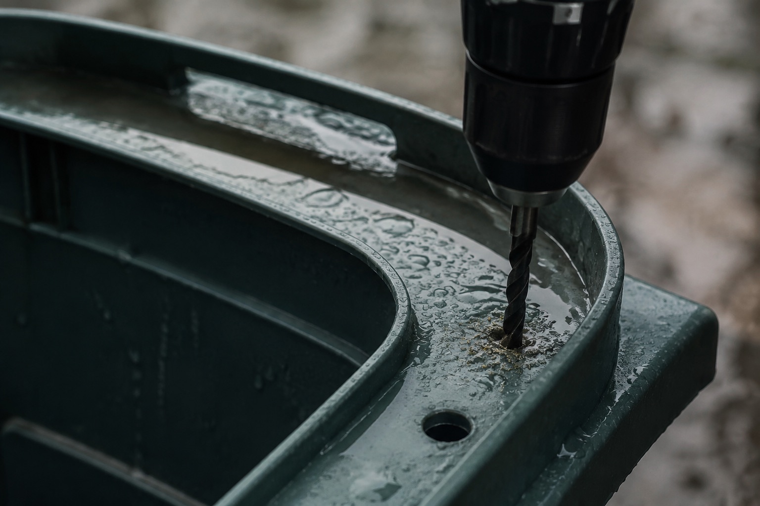 Trash bin lid rim facing up holding rainwater, drill at work