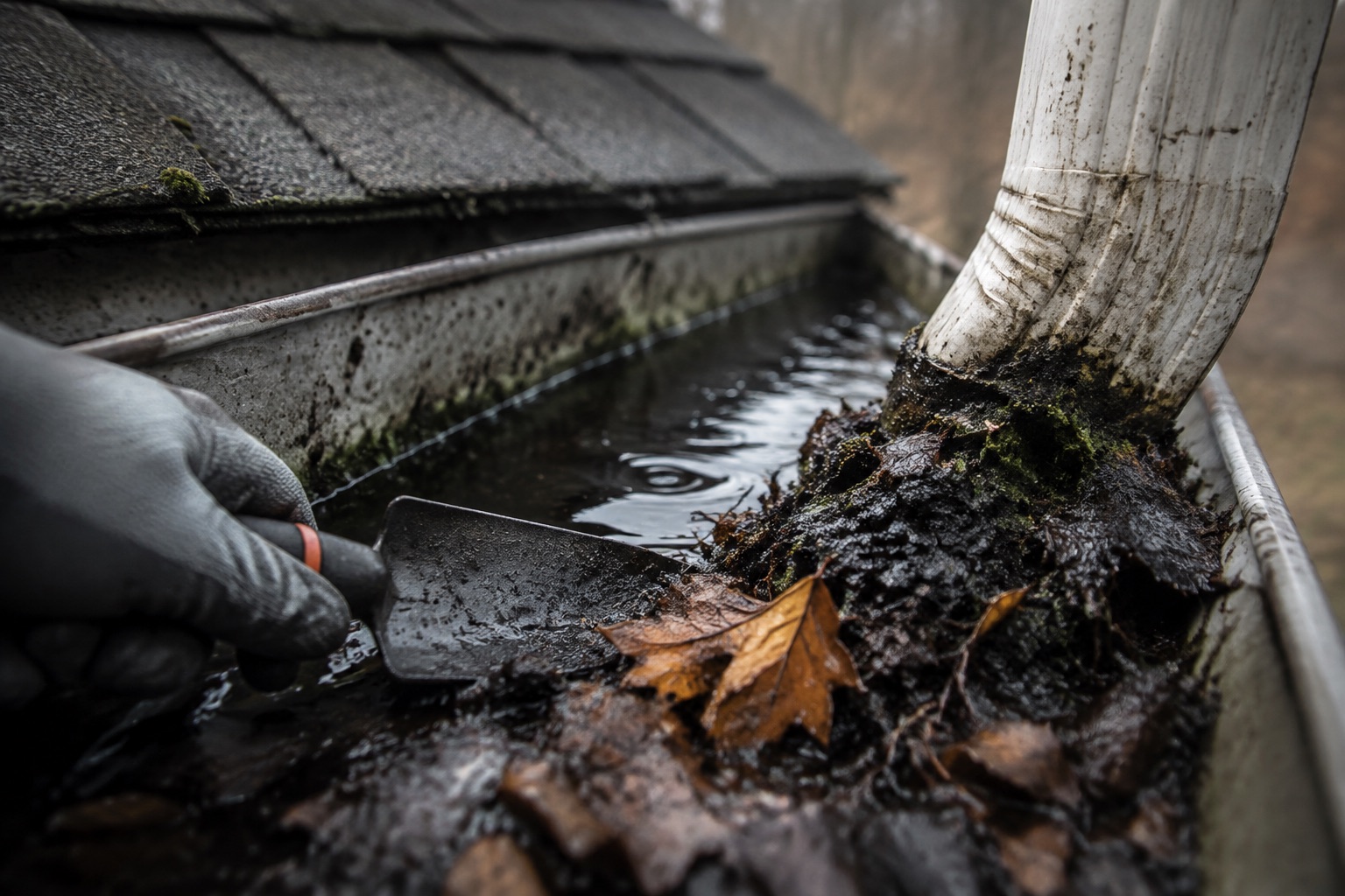 Roof gutter with pooled water dammed by leaves, trowel approaching