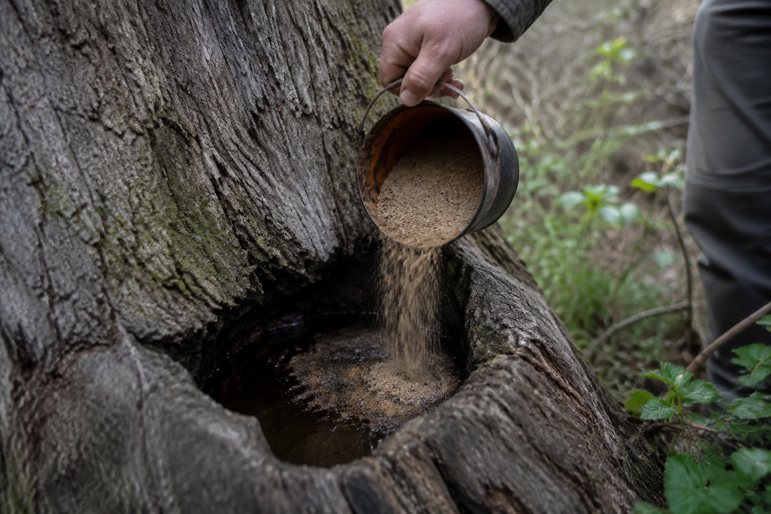 Tree rot pocket holding dark water, hand filling it with sand